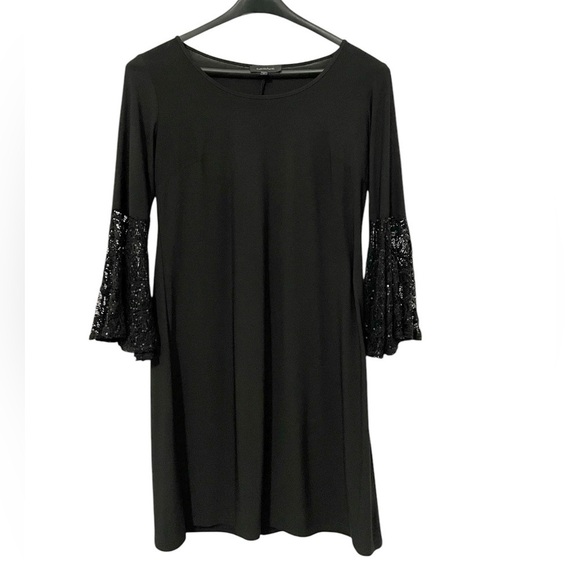 Black Cocktail Party Dress with Sheer Sequins Bell Sleeves Size 8 - Picture 1 of 4